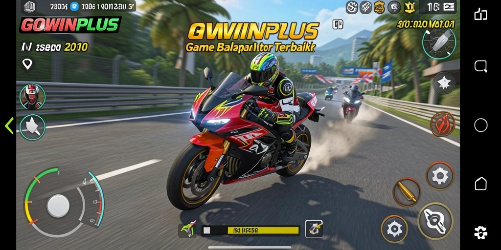 Screenshot GOWINPLUS menampilkan aksi balapan motor yang mendebarkan.